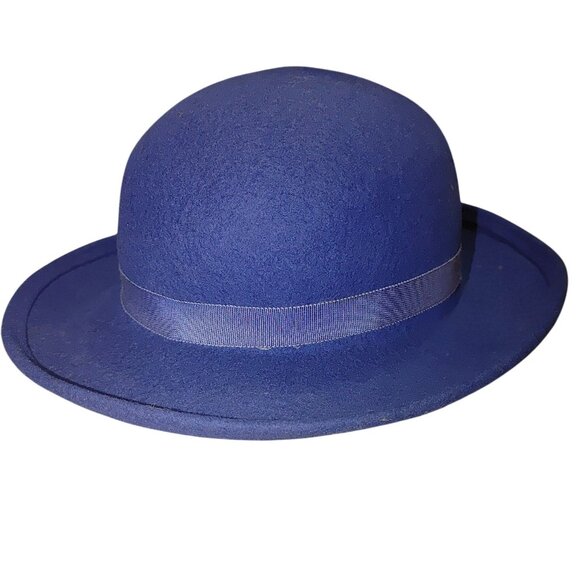 Georgette Doeskin Felt Bowler Wool New York Blue Hat Made In USA Vintage Ribbon - Picture 2 of 10